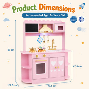 Wooden Play Kitchen for Kids Toddlers w/ Real Lights & Sounds, Storage