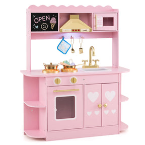 Wooden Play Kitchen for Kids Toddlers w/ Real Lights & Sounds, Storage