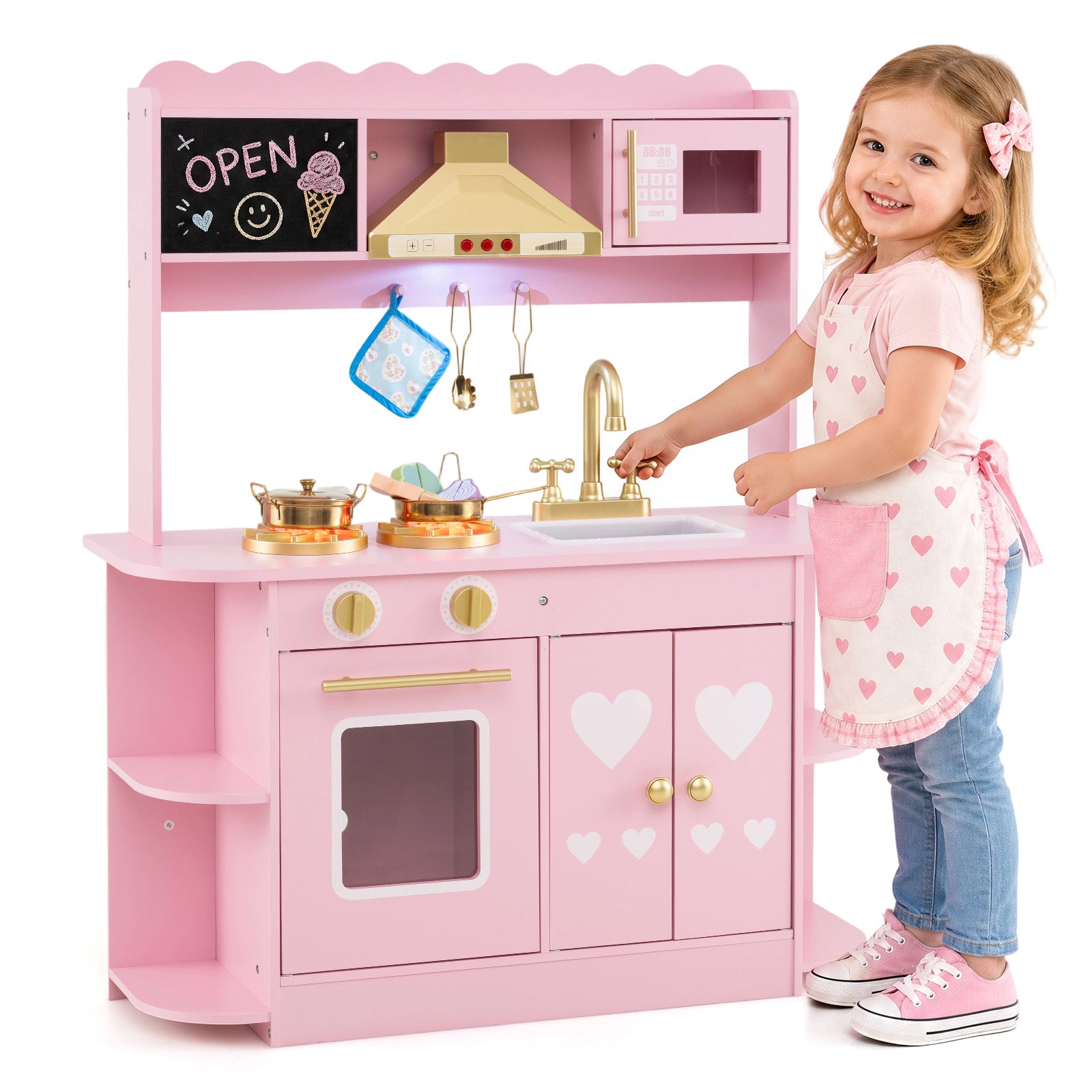 Wooden Play Kitchen for Kids Toddlers w/ Real Lights & Sounds, Storage