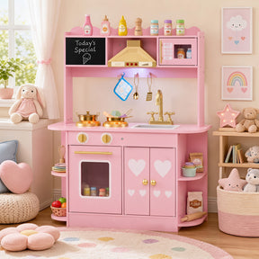 Wooden Play Kitchen for Kids Toddlers w/ Real Lights & Sounds, Storage