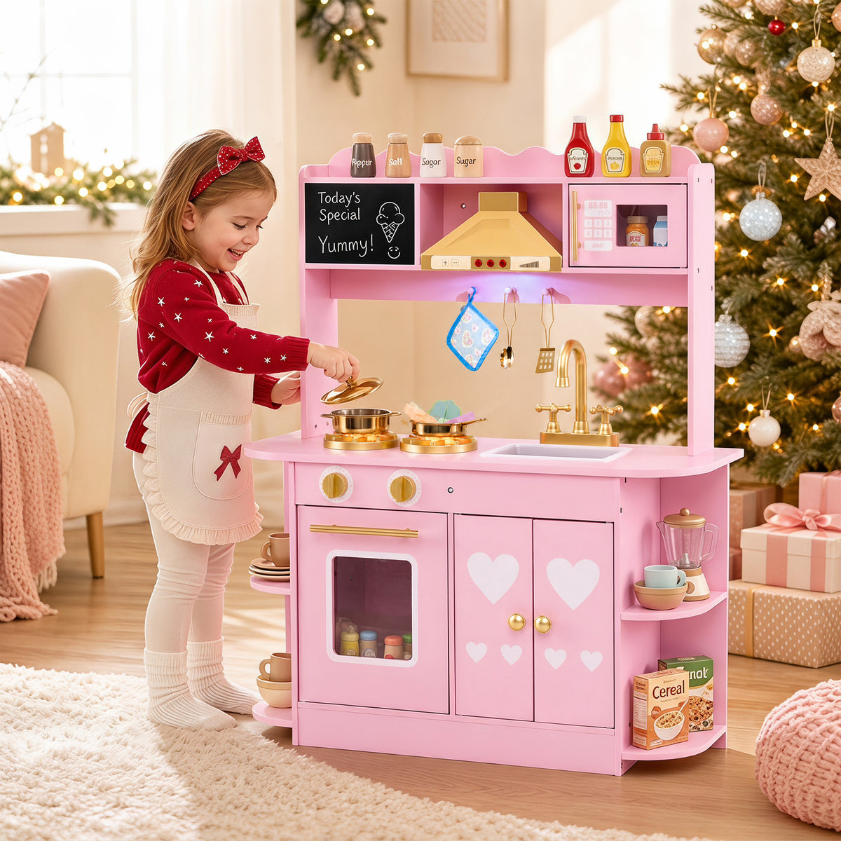 Wooden Play Kitchen for Kids Toddlers w/ Real Lights & Sounds, Storage
