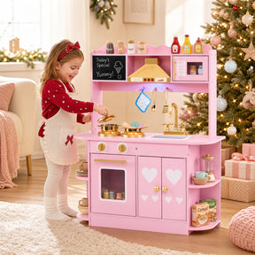Wooden Play Kitchen for Kids Toddlers w/ Real Lights & Sounds, Storage