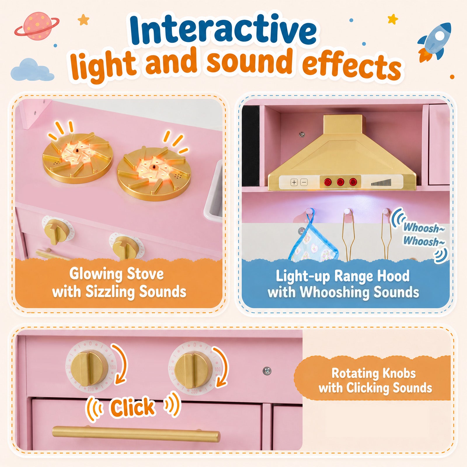 Wooden Play Kitchen for Kids Toddlers w/ Real Lights & Sounds, Storage