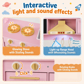 Wooden Play Kitchen for Kids Toddlers w/ Real Lights & Sounds, Storage