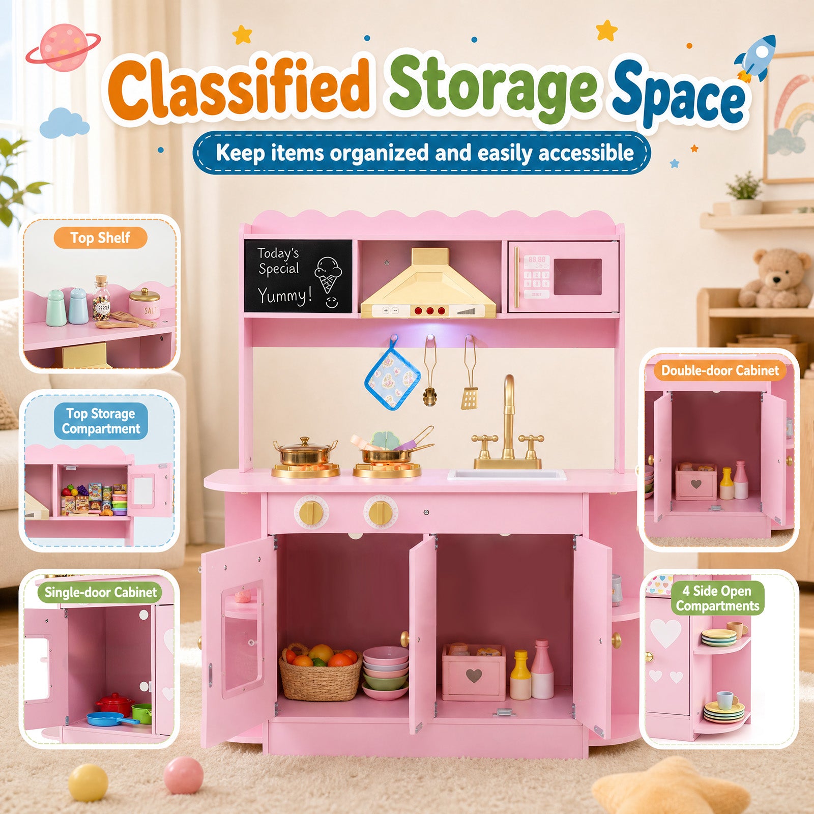 Wooden Play Kitchen for Kids Toddlers w/ Real Lights & Sounds, Storage