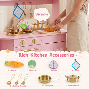 Wooden Play Kitchen for Kids Toddlers w/ Real Lights & Sounds, Storage