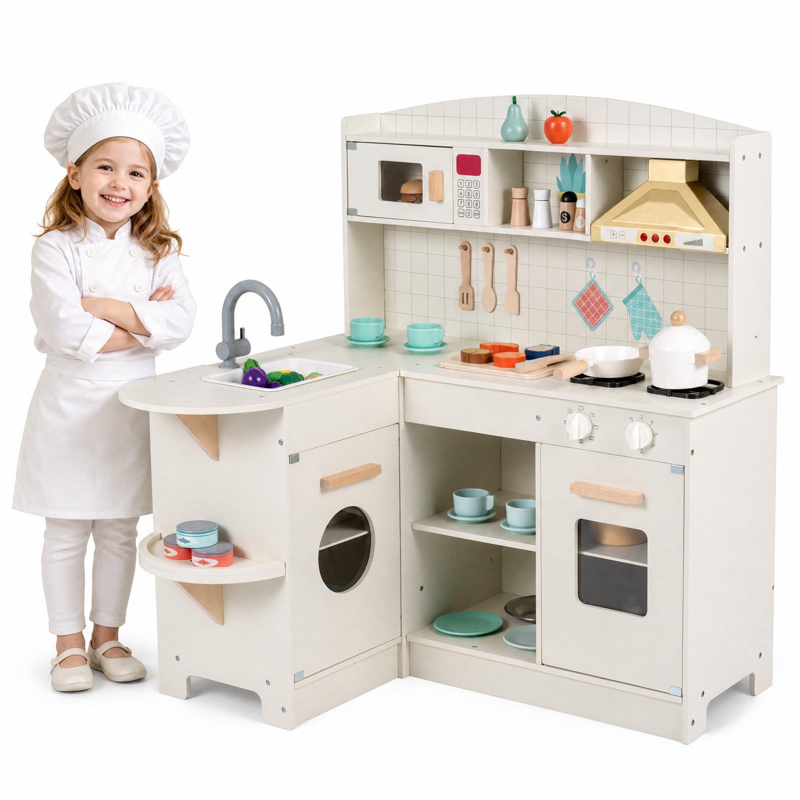 Wooden Play Kitchen for Kids w/ Lights & Sounds