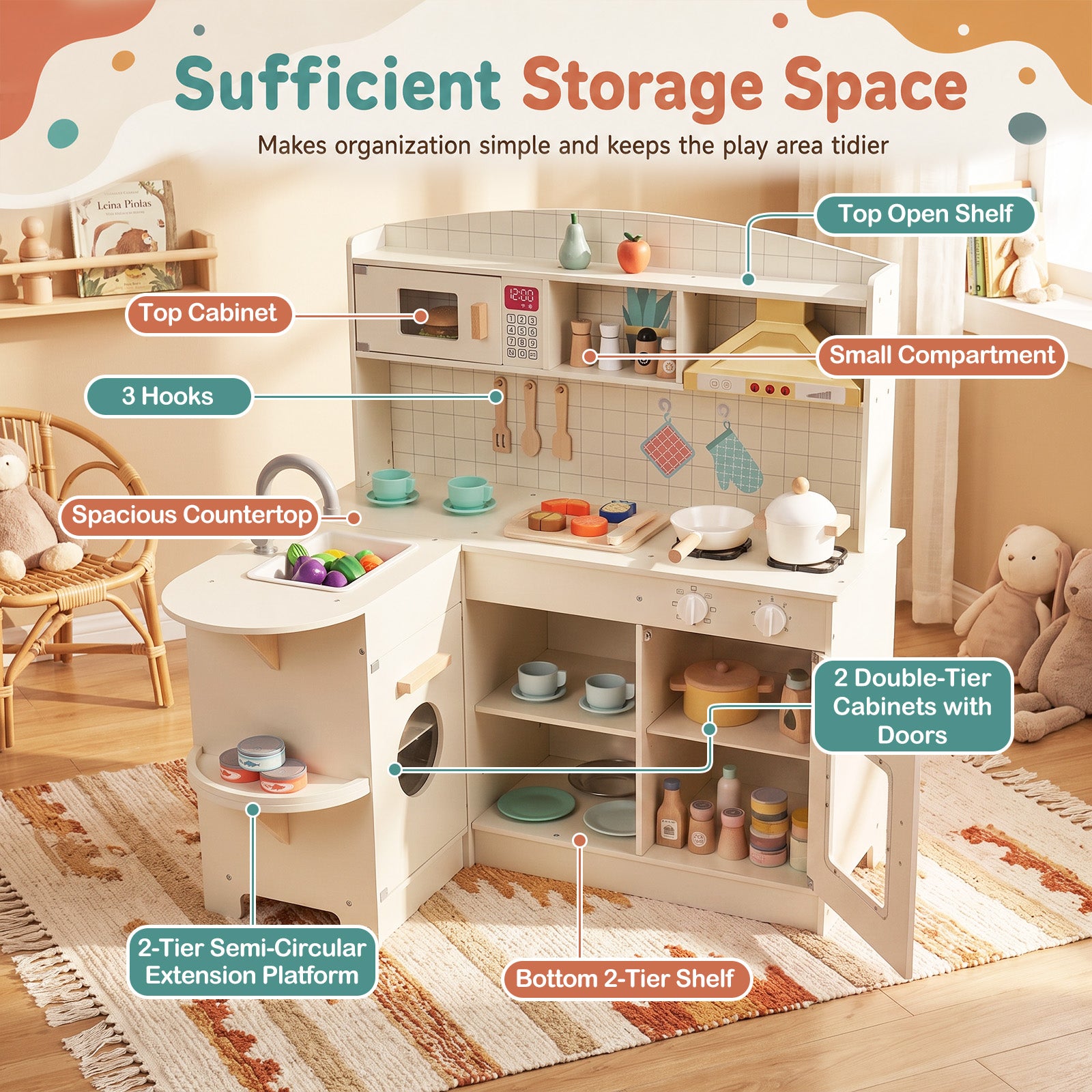 Wooden Play Kitchen for Kids w/ Lights & Sounds