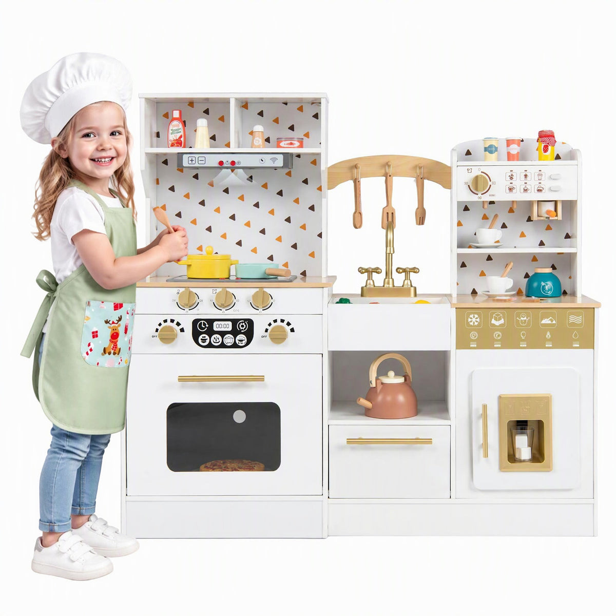Kids Wooden Play Kitchen with Sound & Light Effect, Green/White