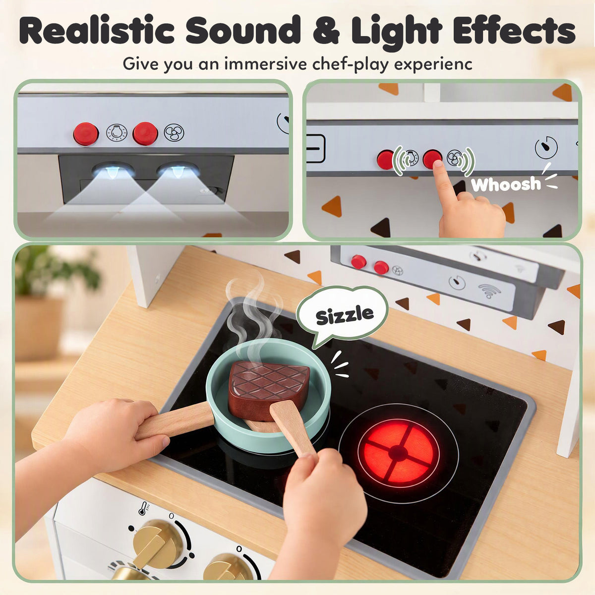 Kids Wooden Play Kitchen with Sound & Light Effect, Green/White