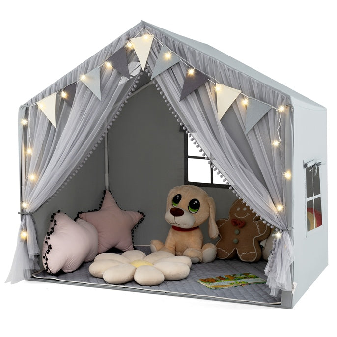 Kids Play Tent, 3-4 Kid Large Play Tent House w/Fabric & Screen Curtains, Star Lights
