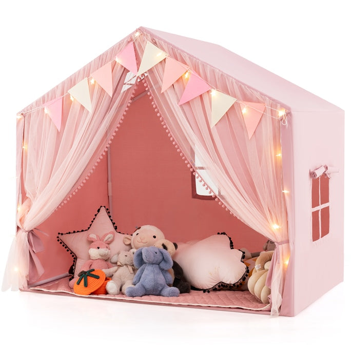 Kids Play Tent, 3-4 Kid Large Play Tent House w/Fabric & Screen Curtains, Star Lights