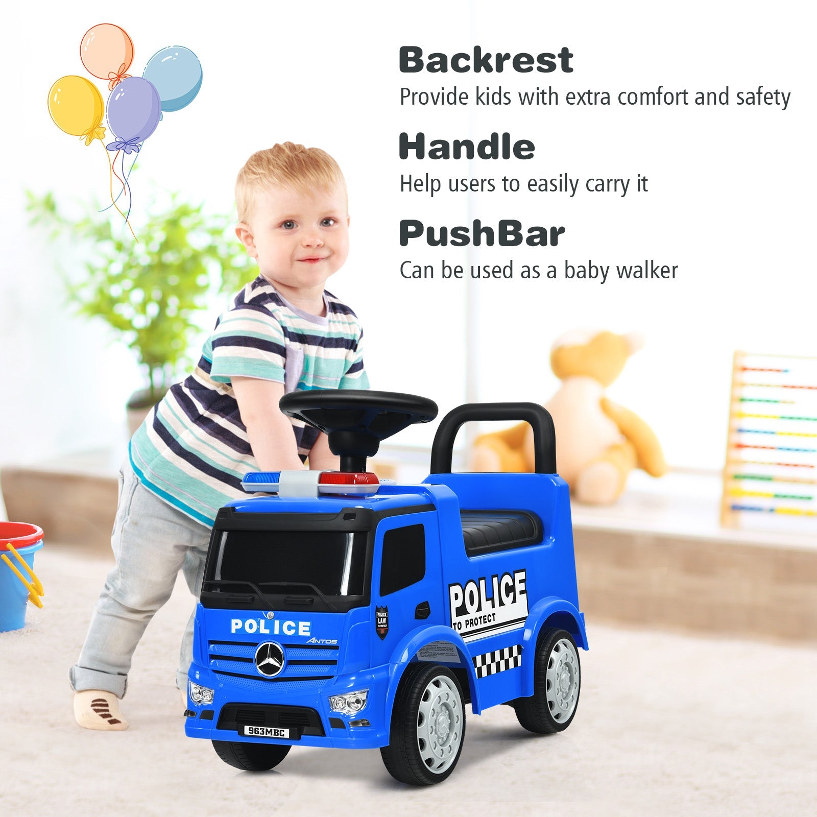 Kids Ride on Police Car, Licensed Mercedes Benz Toddler Push Car