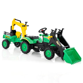 3 in1 Kids Ride On Excavator, Pedal car Bulldozer with 6 Wheels & Detachable Trailer