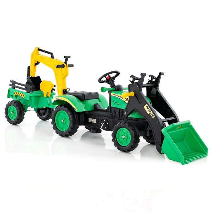 3 in1 Kids Ride On Excavator, Pedal car Bulldozer with 6 Wheels & Detachable Trailer