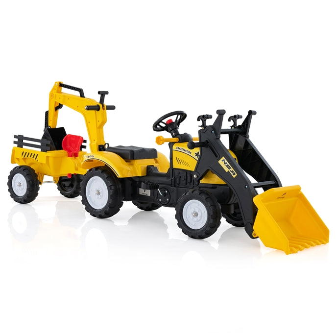 3 in1 Kids Ride On Excavator, Pedal car Bulldozer with 6 Wheels & Detachable Trailer