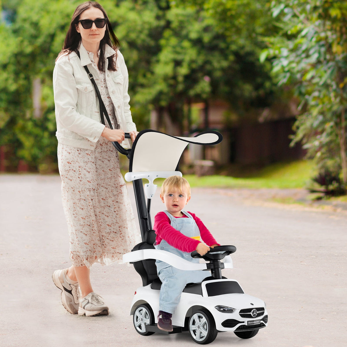 HONEY JOY 3-in-1 Ride on Push Car, Mercedes-Benz Licensed Foot to Floor Sliding Car w/Adjustable Canopy & Steering Push Bar