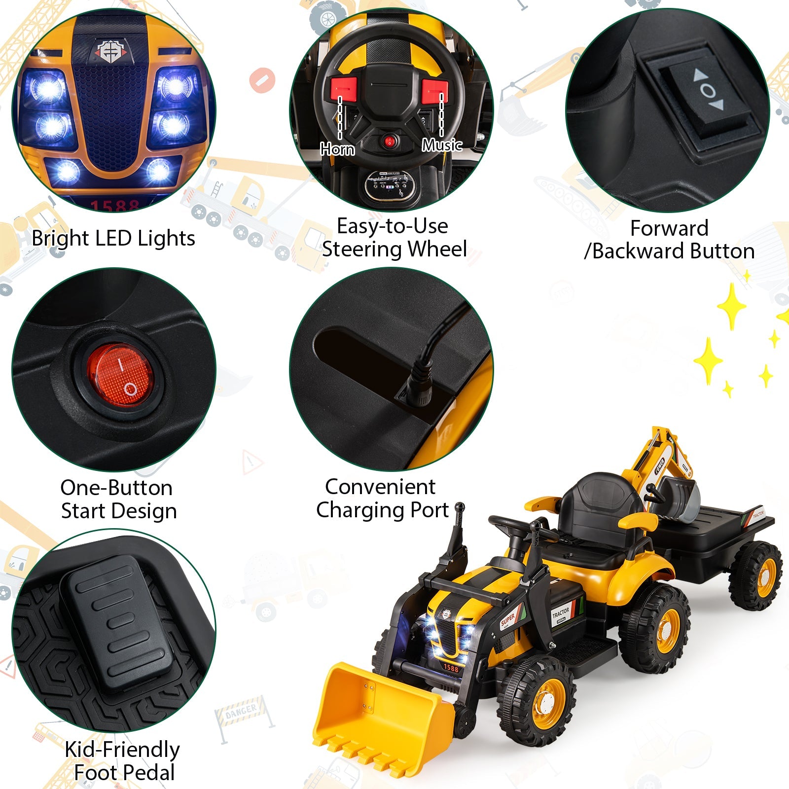 4 in 1 Ride on Tractor, Excavator & Bulldozer for Kids