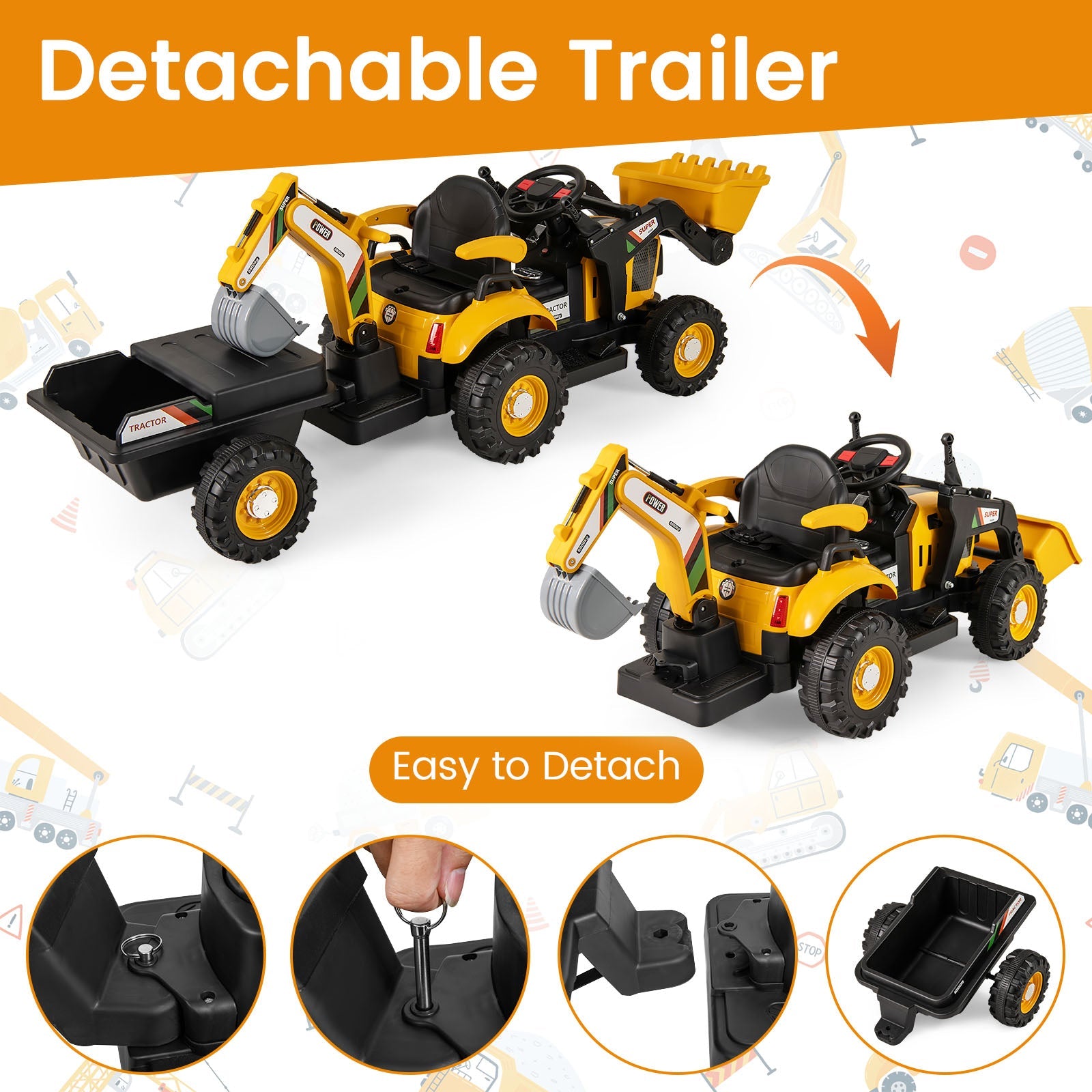 4 in 1 Ride on Tractor, Excavator & Bulldozer for Kids