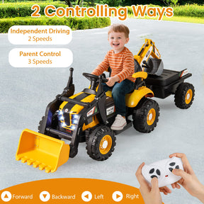 4 in 1 Ride on Tractor, Excavator & Bulldozer for Kids, 12V Electric Construction Vehicle