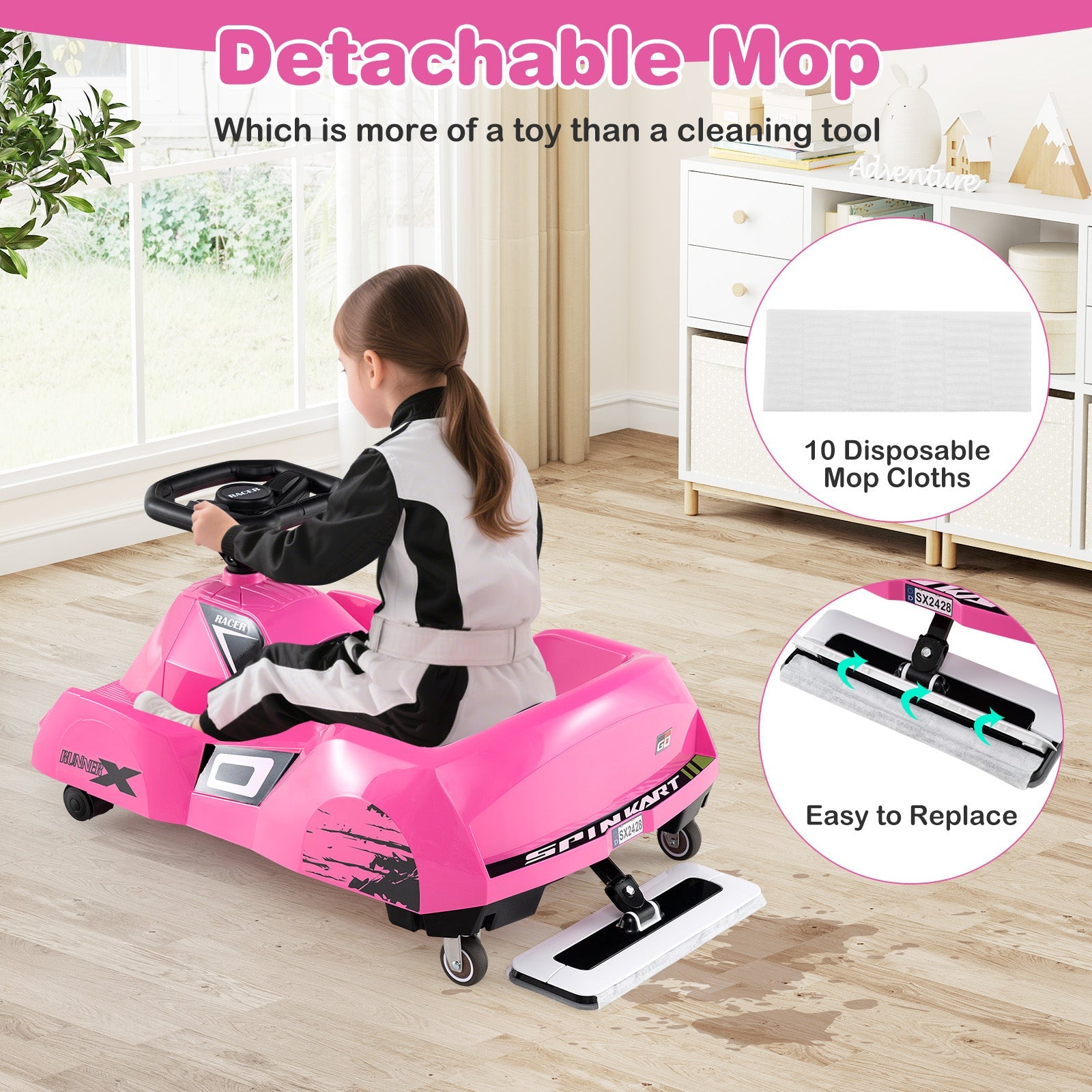 Electric Cleaning Go Kart, 12V Ride on Race Car with Detachable Mop