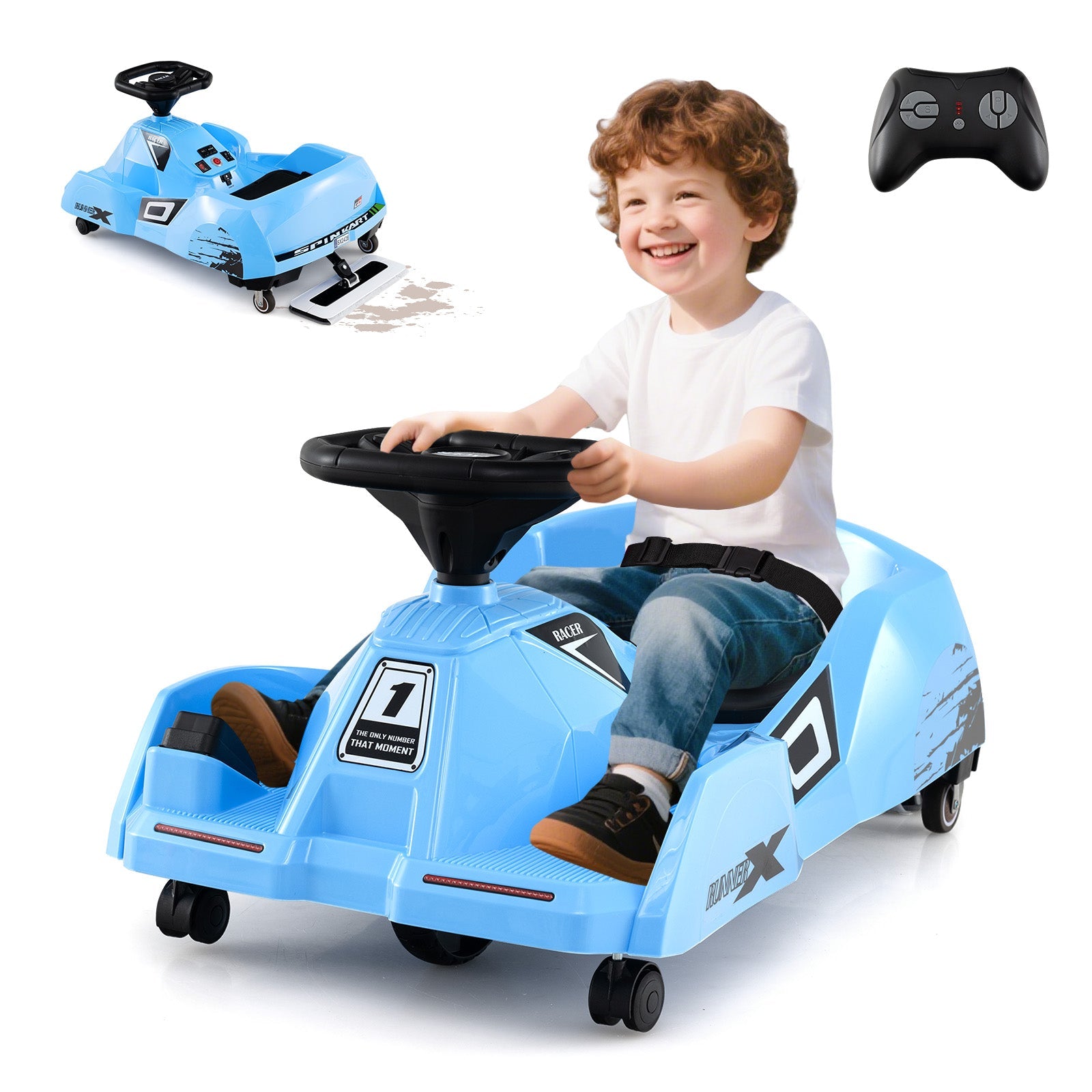 Electric Cleaning Go Kart, 12V Ride on Race Car with Detachable Mop