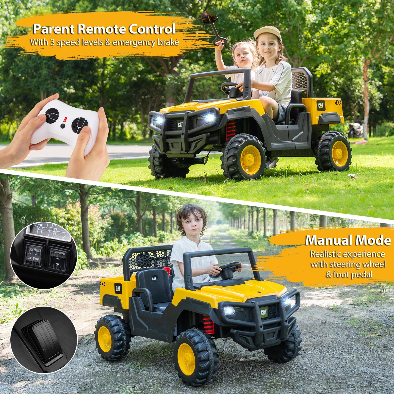 Licensed Caterpillar Ride On 4WD Dump Truck, 24V 2-Seater Kids Car Electric Vehicle with Remote Control