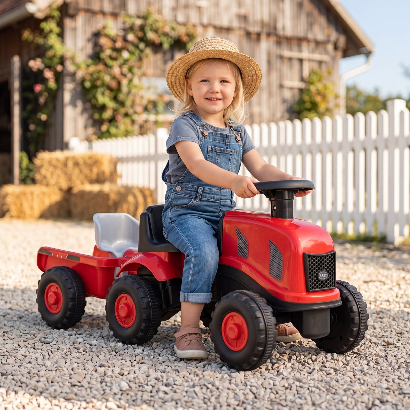 2-in-1 Ride on Tractor with Detachable Trailer, Foot-to-Floor Sliding Car with Air Horn, Dashboard
