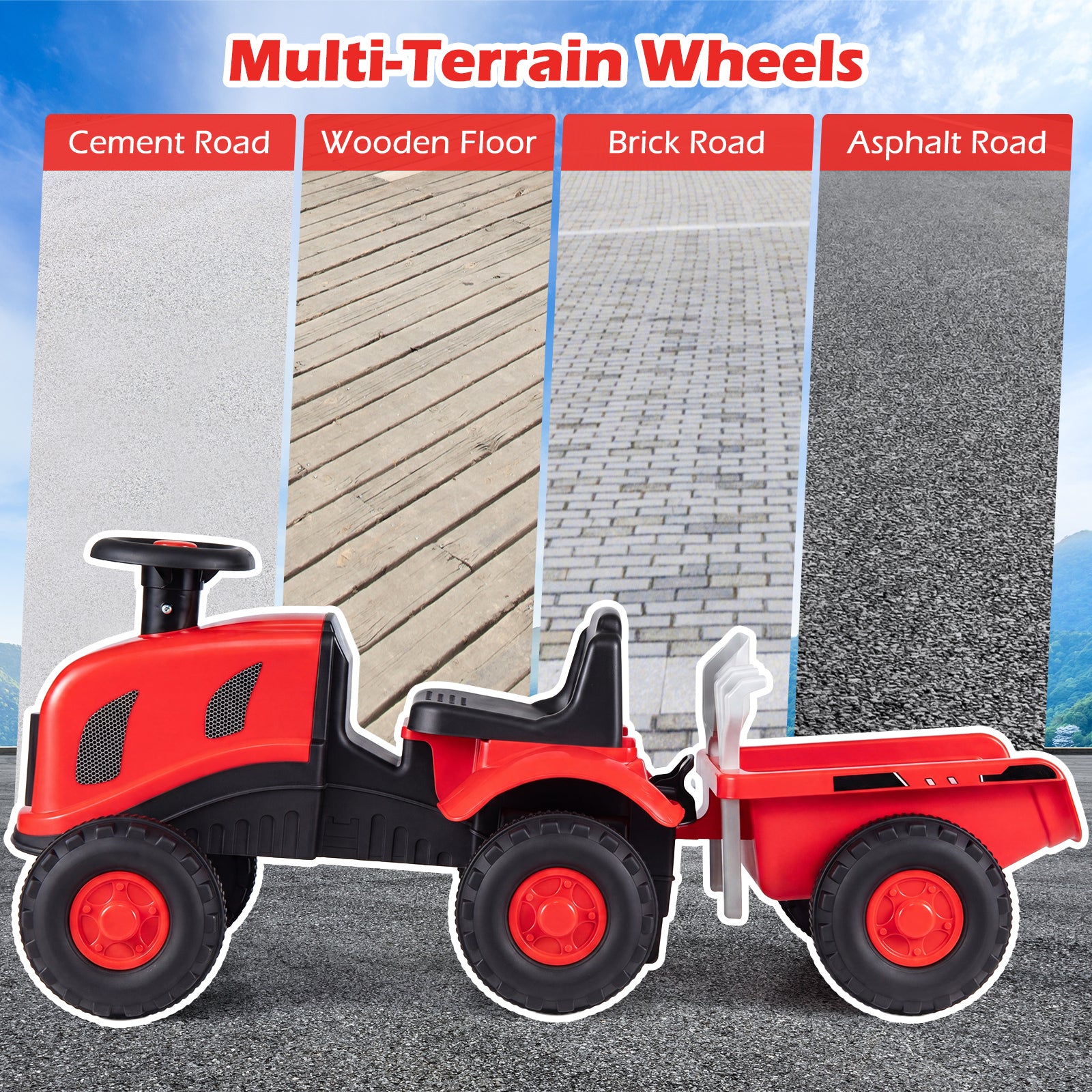 2-in-1 Ride on Tractor with Detachable Trailer, Foot-to-Floor Sliding Car with Air Horn, Dashboard