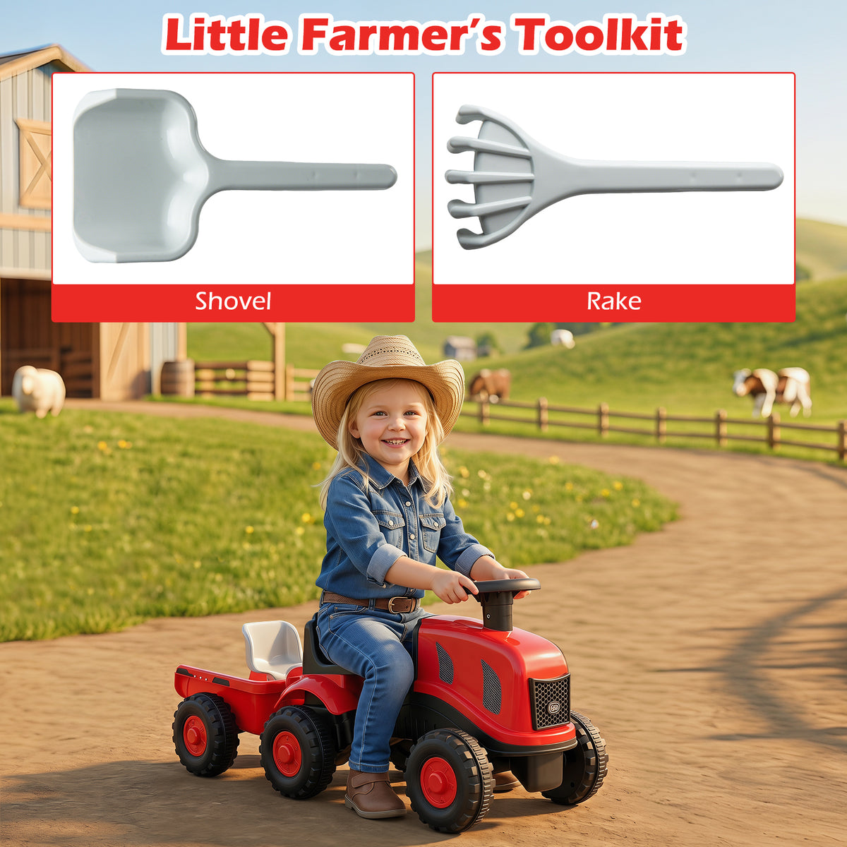 2-in-1 Ride on Tractor with Detachable Trailer, Foot-to-Floor Sliding Car with Air Horn, Dashboard