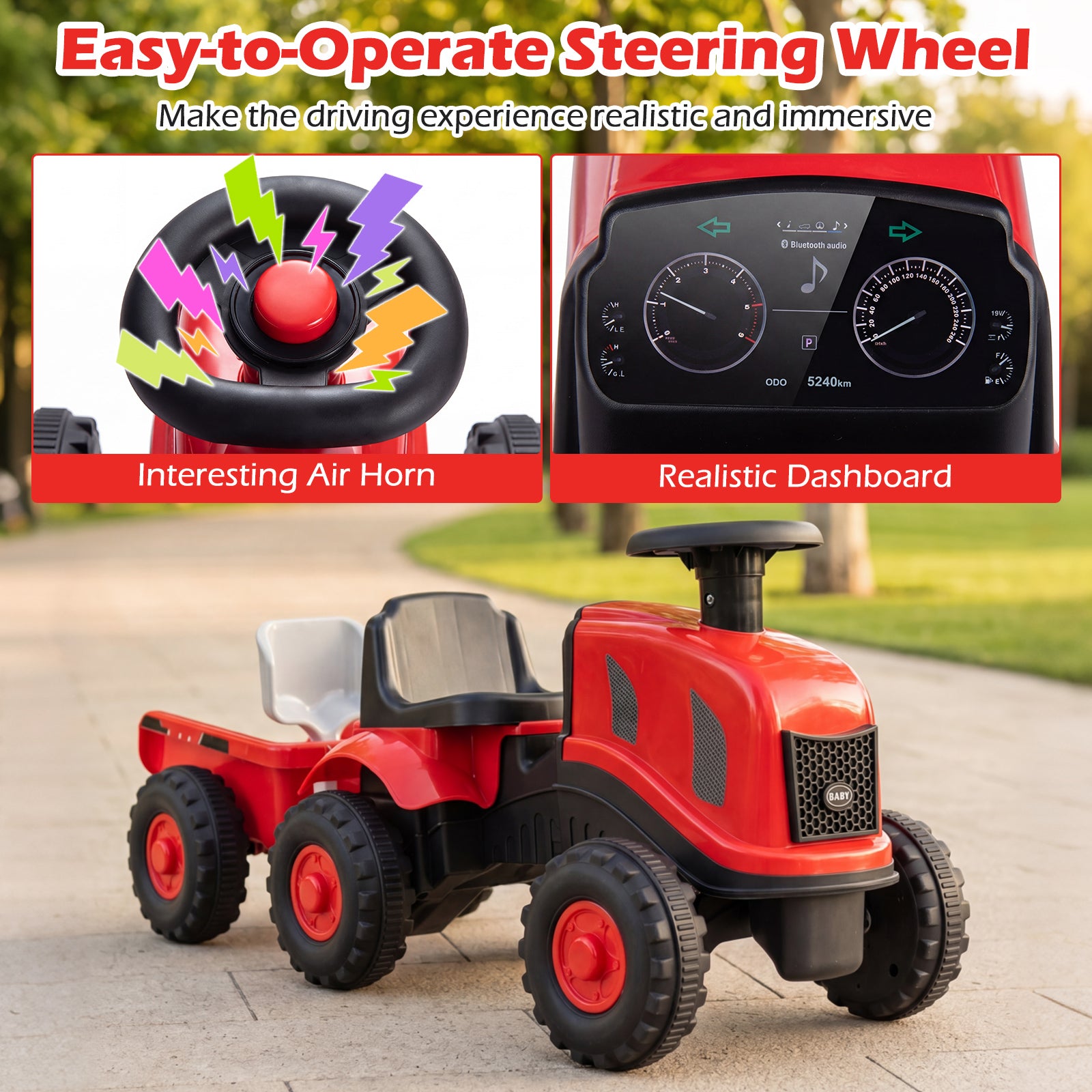 2-in-1 Ride on Tractor with Detachable Trailer, Foot-to-Floor Sliding Car with Air Horn, Dashboard