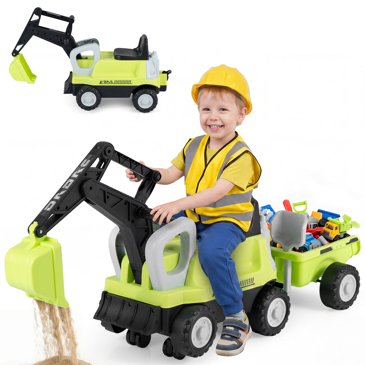 Kids Ride on Tractor, 2-In-1 Ride on Push Car with Detachable Trailer, Rake, Shovel & Storage
