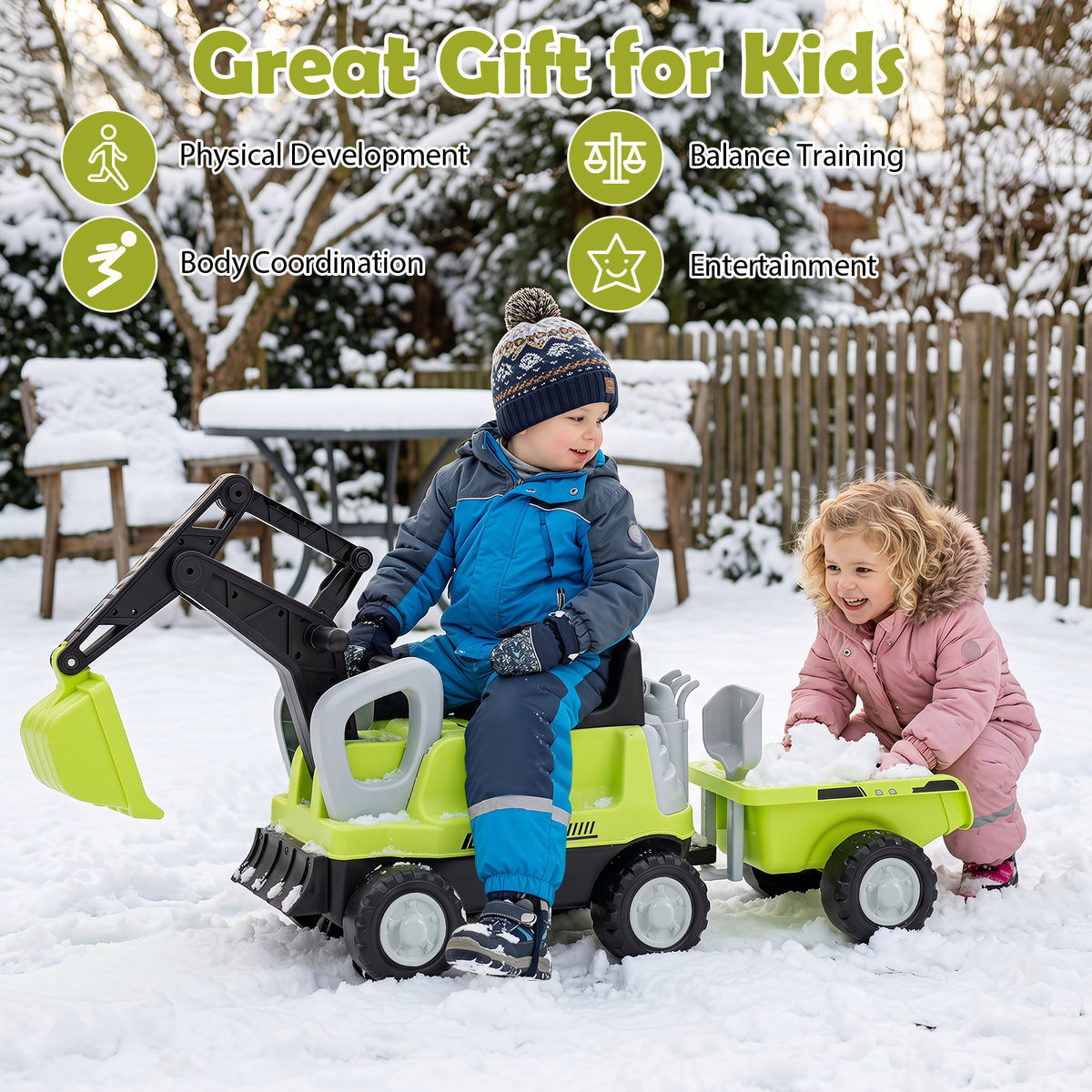 Kids Ride on Tractor, 2-In-1 Ride on Push Car with Detachable Trailer, Rake, Shovel & Storage