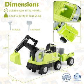 Kids Ride on Tractor, 2-In-1 Ride on Push Car with Detachable Trailer, Rake, Shovel & Storage