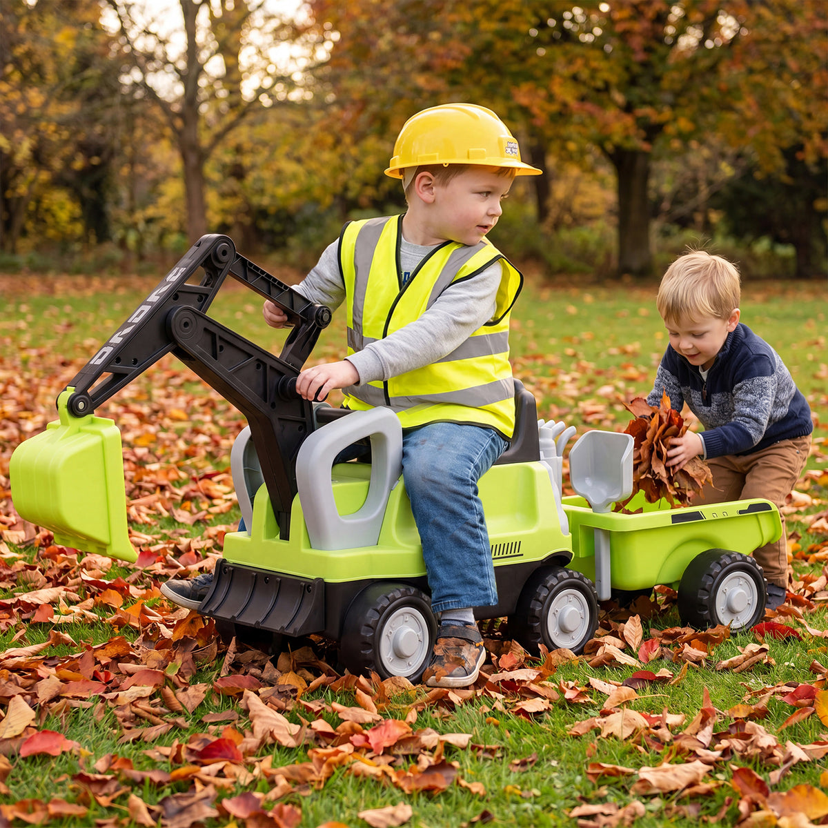 Kids Ride on Tractor, 2-In-1 Ride on Push Car with Detachable Trailer, Rake, Shovel & Storage