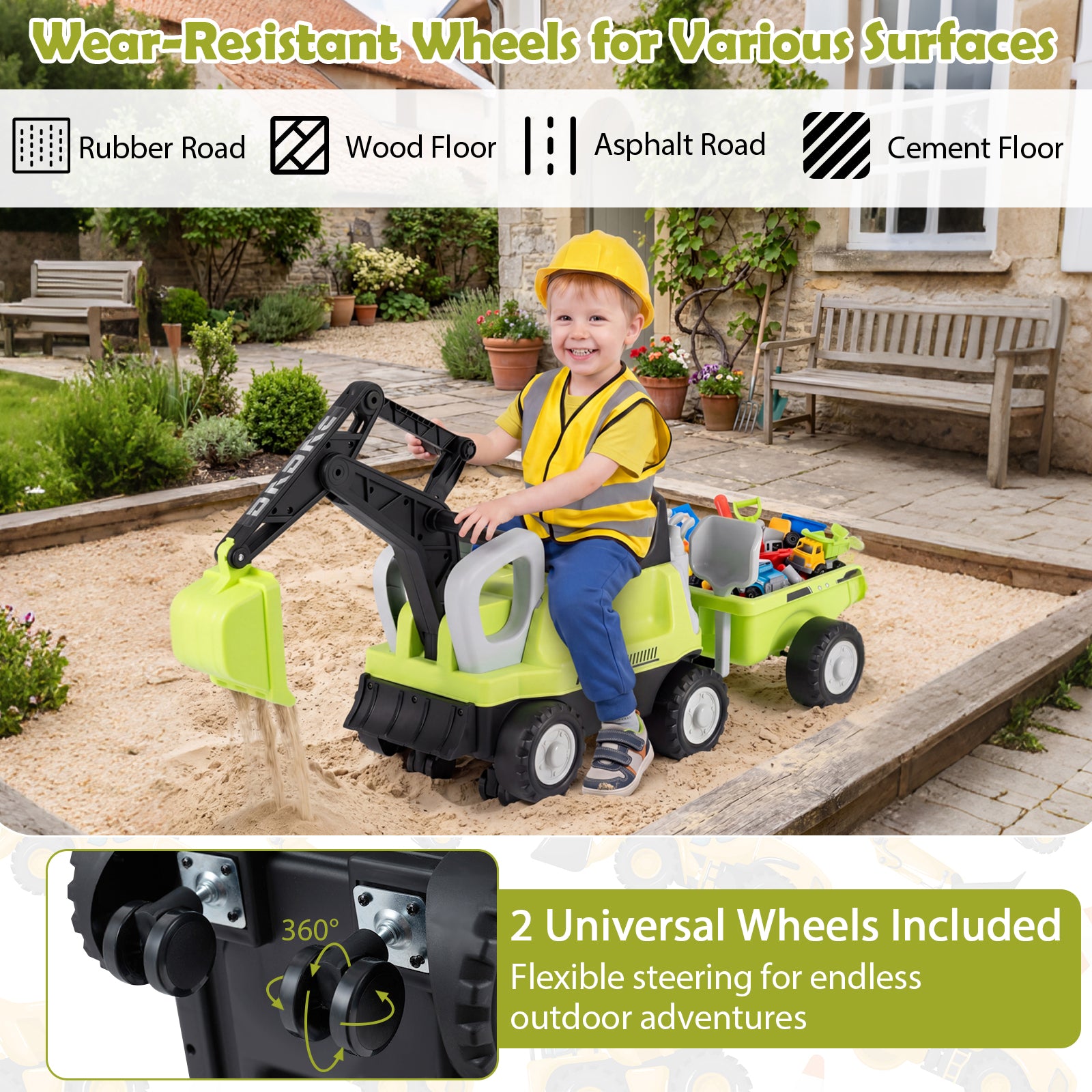 Kids Ride on Tractor, 2-In-1 Ride on Push Car with Detachable Trailer, Rake, Shovel & Storage