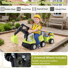 Kids Ride on Tractor, 2-In-1 Ride on Push Car with Detachable Trailer, Rake, Shovel & Storage