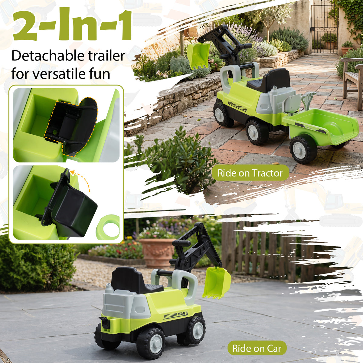 Kids Ride on Tractor, 2-In-1 Ride on Push Car with Detachable Trailer, Rake, Shovel & Storage