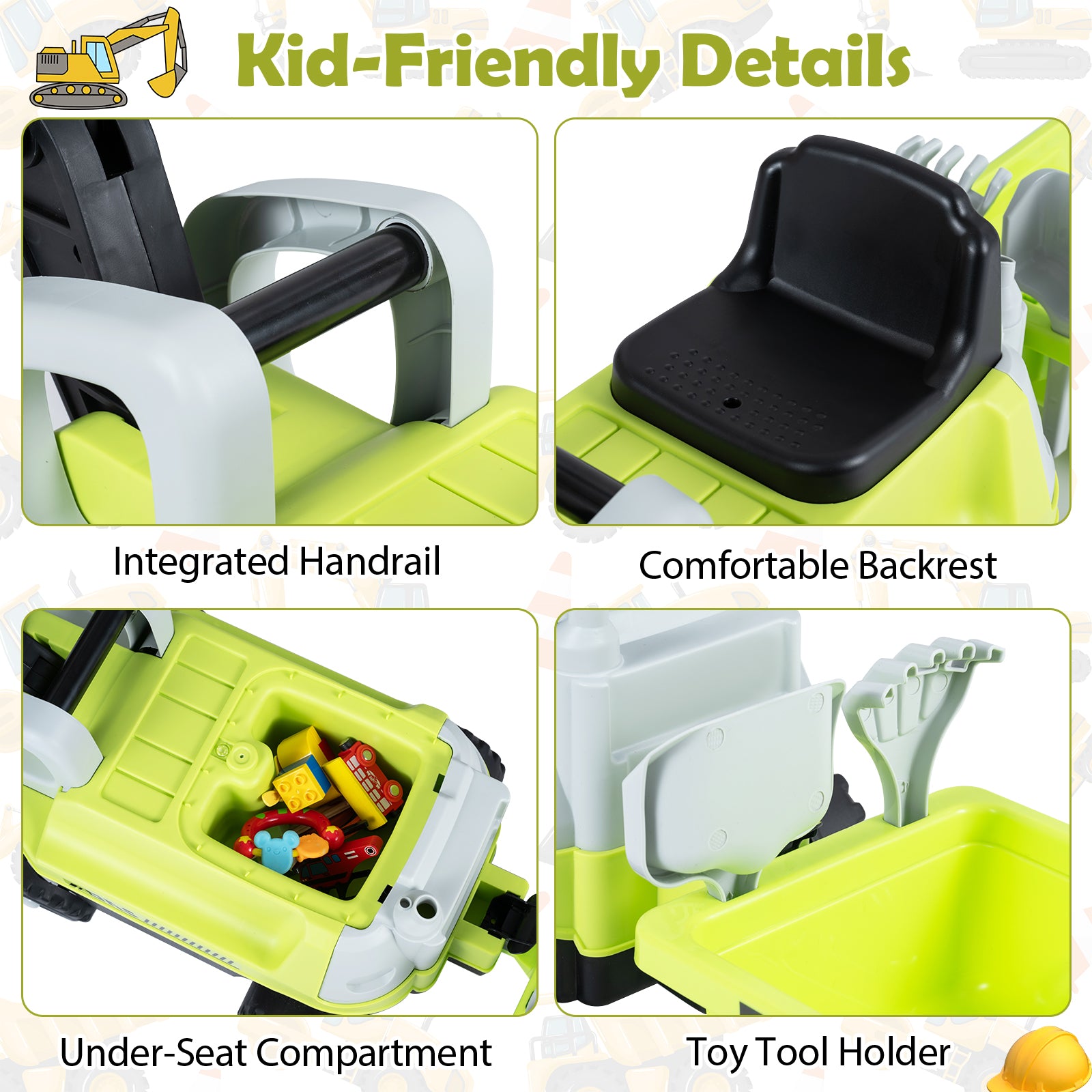 Kids Ride on Tractor, 2-In-1 Ride on Push Car with Detachable Trailer, Rake, Shovel & Storage