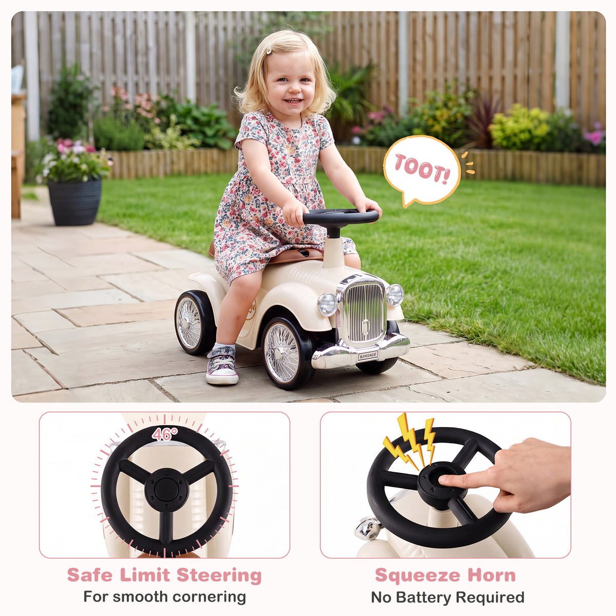 Ride On Push Car for Kids, Indoor/Outdoor Foot-to-Floor Sliding Car with Steering Wheel, Squeeze Horn & Under-seat Storage