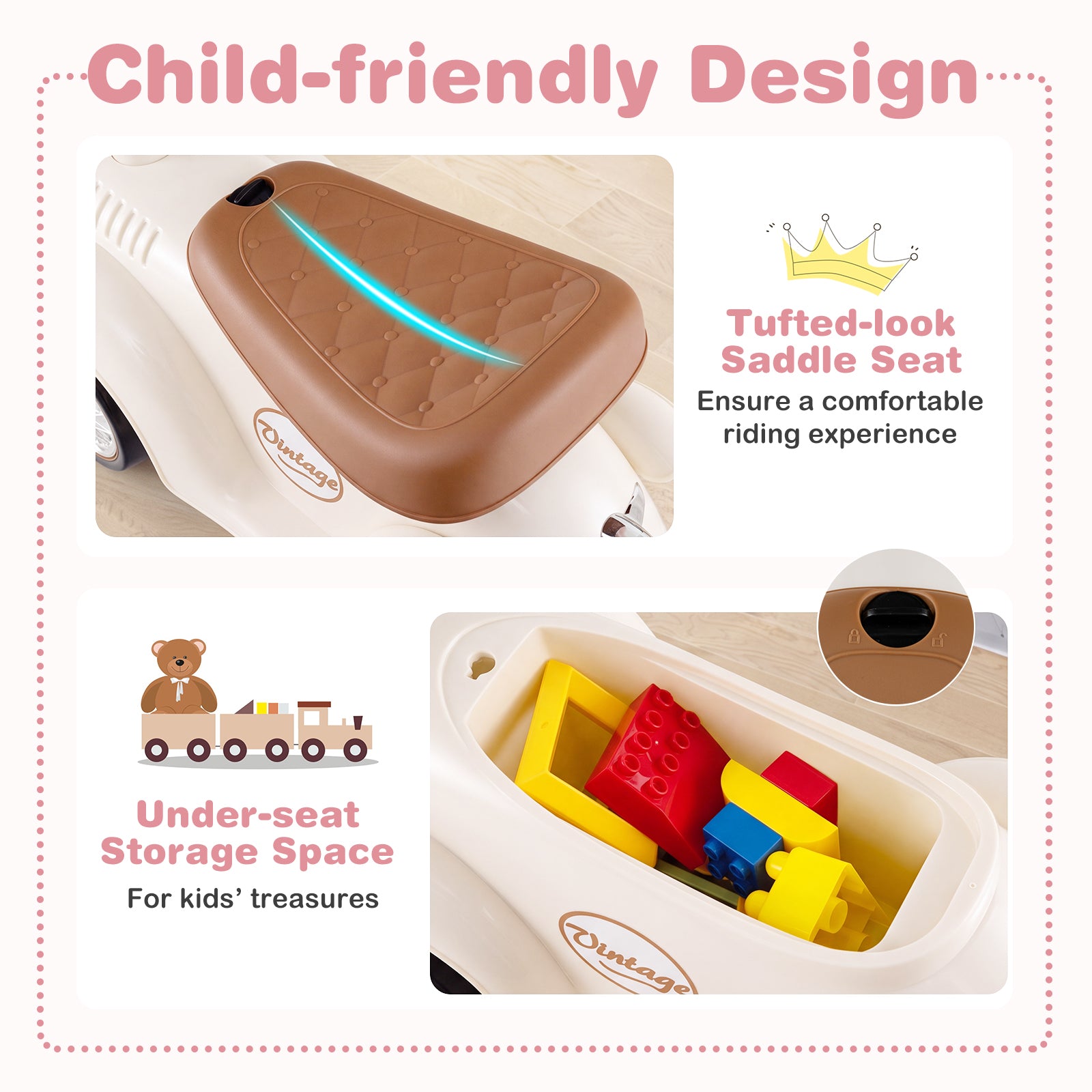 Ride On Push Car for Kids, Indoor/Outdoor Foot-to-Floor Sliding Car with Steering Wheel, Squeeze Horn & Under-seat Storage
