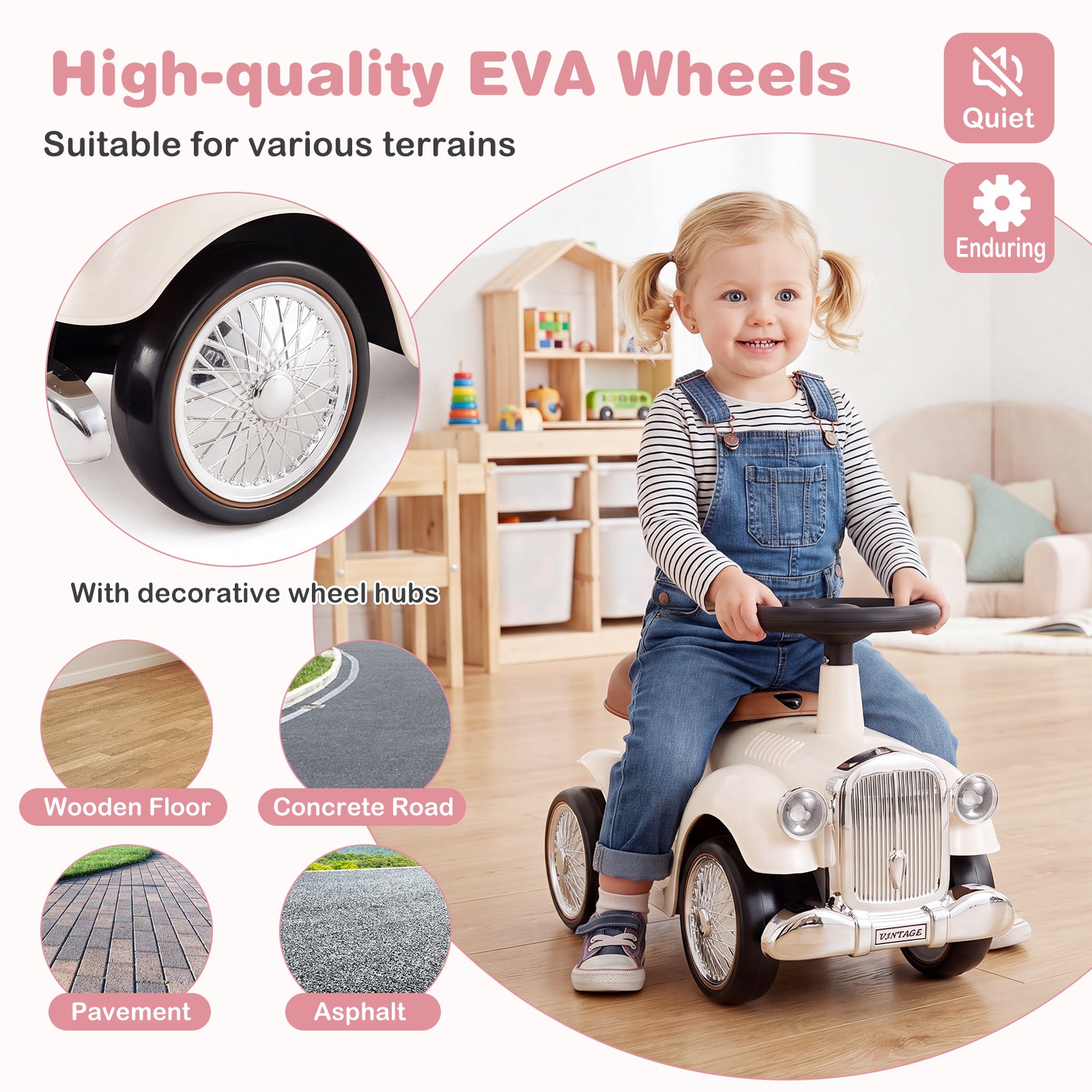 Ride On Push Car for Kids, Indoor/Outdoor Foot-to-Floor Sliding Car with Steering Wheel, Squeeze Horn & Under-seat Storage