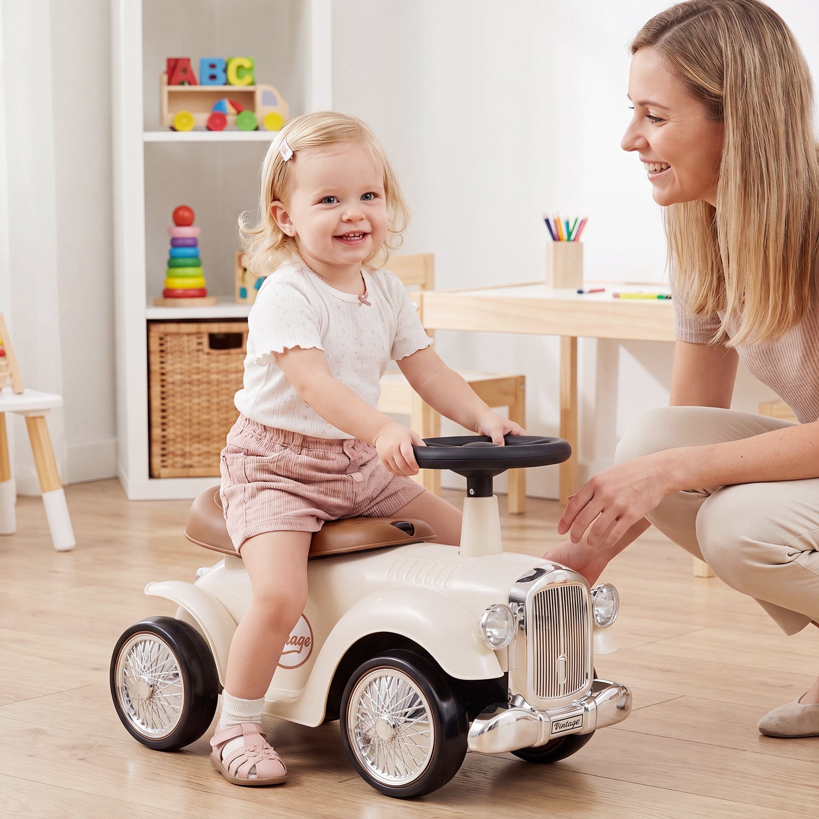 Ride On Push Car for Kids, Indoor/Outdoor Foot-to-Floor Sliding Car with Steering Wheel, Squeeze Horn & Under-seat Storage