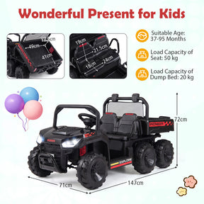 24V 2-Seater Ride on Dump Truck, 4WD Kids Ride on Car with Electric Dump Bed, Shovel, Music, Story, Wireless Connection, Lights & Parent Remote, Electric Vehicle for Boys Girls, Navy Blue/Pink/Red/Black