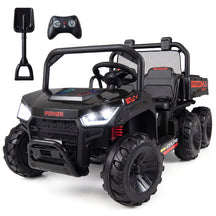 24V 2-Seater Ride on Dump Truck, 4WD Kids Ride on Car with Electric Dump Bed, Shovel, Music, Story, Wireless Connection, Lights & Parent Remote, Electric Vehicle for Boys Girls, Navy Blue/Pink/Red/Black