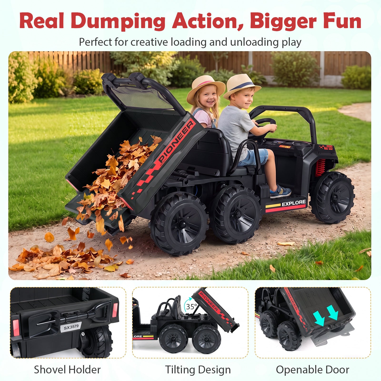 24V 2-Seater Ride on Dump Truck, 4WD Kids Ride on Car with Electric Dump Bed, Shovel, Music, Story, Wireless Connection, Lights & Parent Remote, Electric Vehicle for Boys Girls, Navy Blue/Pink/Red/Black