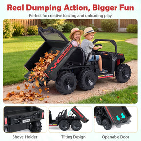 24V 2-Seater Ride on Dump Truck, 4WD Kids Ride on Car with Electric Dump Bed, Shovel, Music, Story, Wireless Connection, Lights & Parent Remote, Electric Vehicle for Boys Girls, Navy Blue/Pink/Red/Black