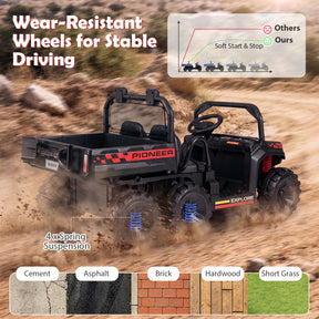 24V 2-Seater Ride on Dump Truck, 4WD Kids Ride on Car with Electric Dump Bed, Shovel, Music, Story, Wireless Connection, Lights & Parent Remote, Electric Vehicle for Boys Girls, Navy Blue/Pink/Red/Black