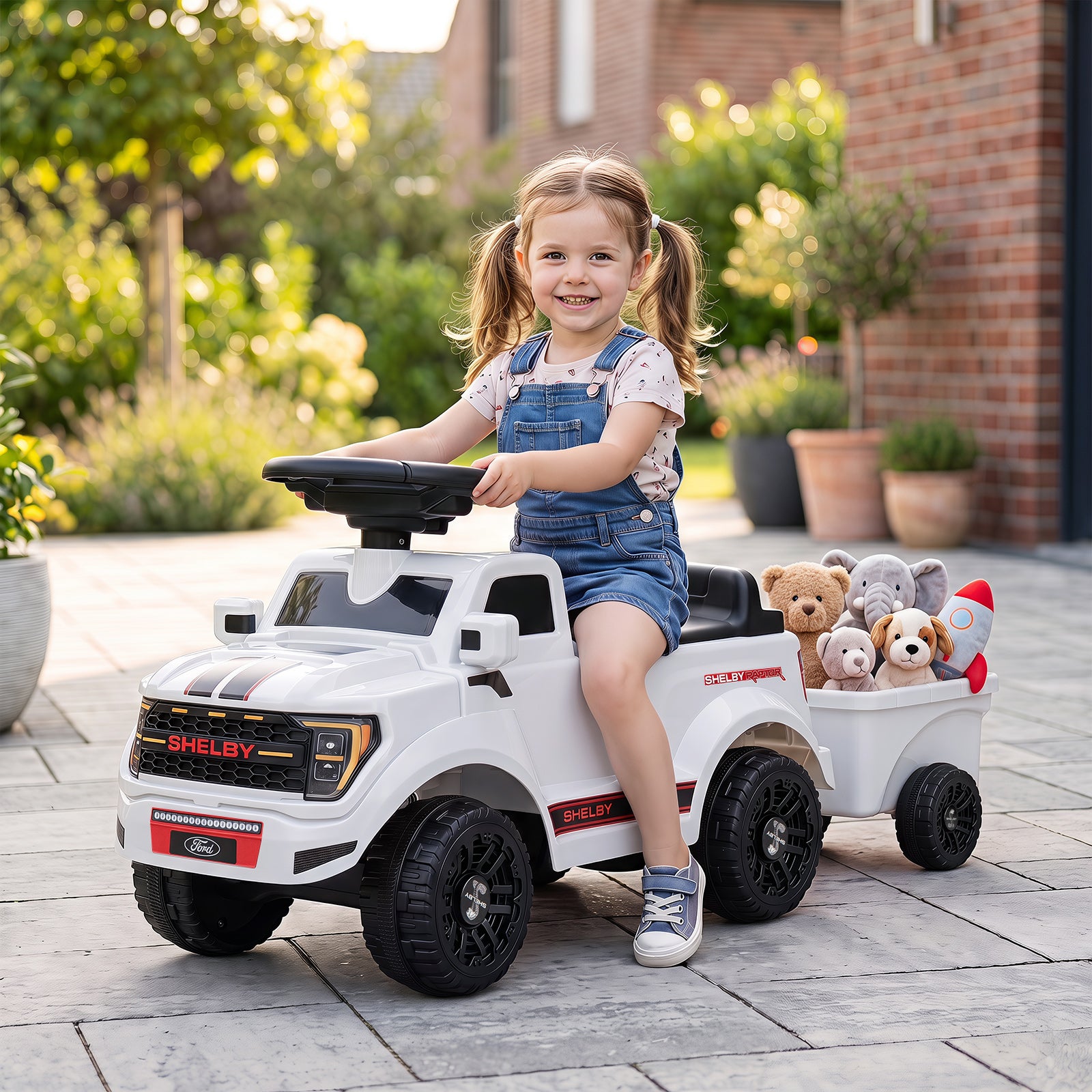 Licensed Ford Kids Ride On Push Car w/Detachable Trailer & Truck Engine Toy