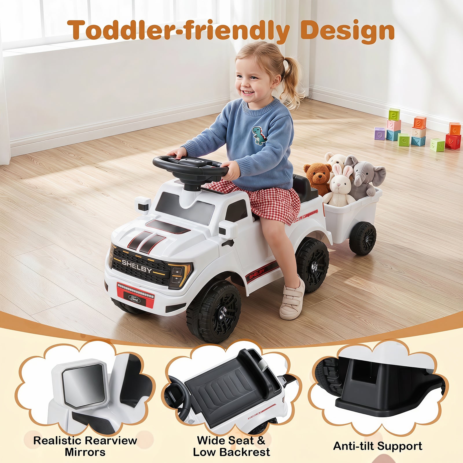 Licensed Ford Kids Ride On Push Car w/Detachable Trailer & Truck Engine Toy